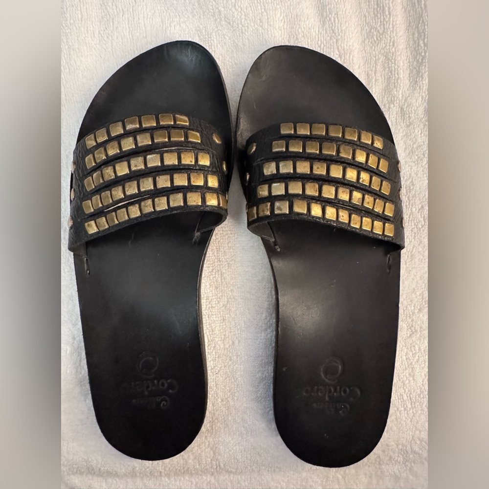 Calleen Cordero Artisan Black
Studded Luxury Leather Slides 9